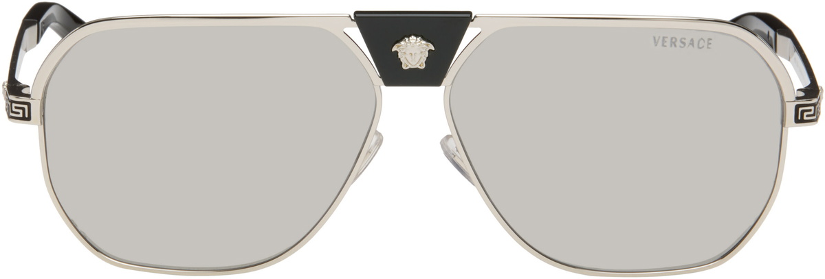 Versace Silver Greca Flow Navigator Sunglasses