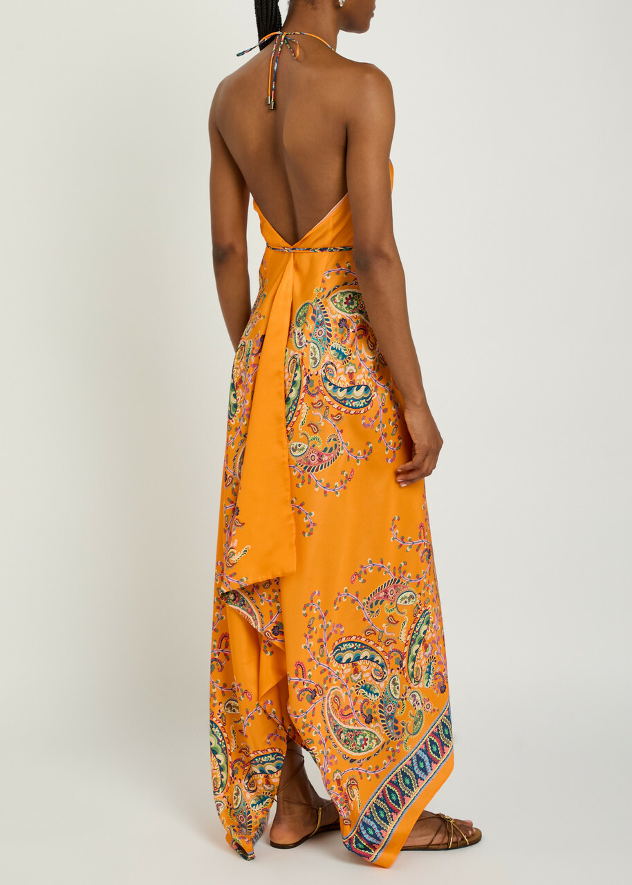 Etro Asymmetric Printed Silk Maxi Dress Orange