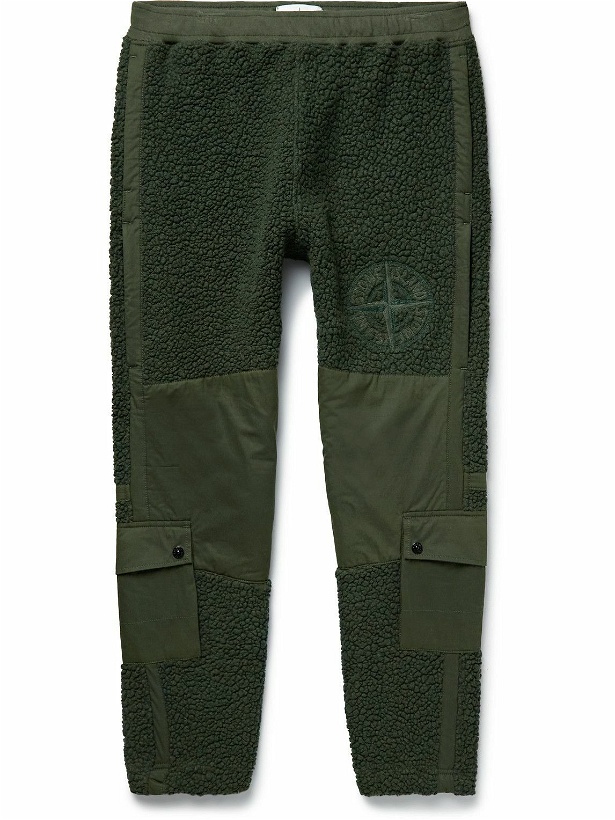 Photo: Stone Island - Tapered Logo-Embroidered Cotton and Wool-Blend Fleece Cargo Trousers - Green