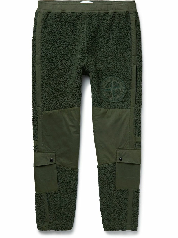 Photo: Stone Island - Tapered Logo-Embroidered Cotton and Wool-Blend Fleece Cargo Trousers - Green