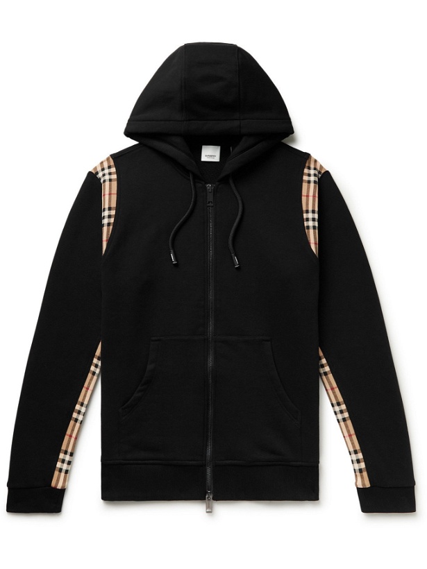 Photo: BURBERRY - Panelled Checked Loopback Cotton-Jersey Zip-Up Hoodie - Black