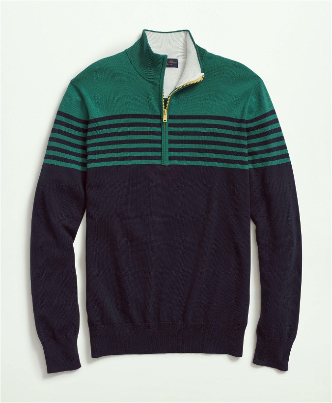 Photo: Brooks Brothers Men's Supima Cotton Half-Zip Mariner Stripe Sweater | Green