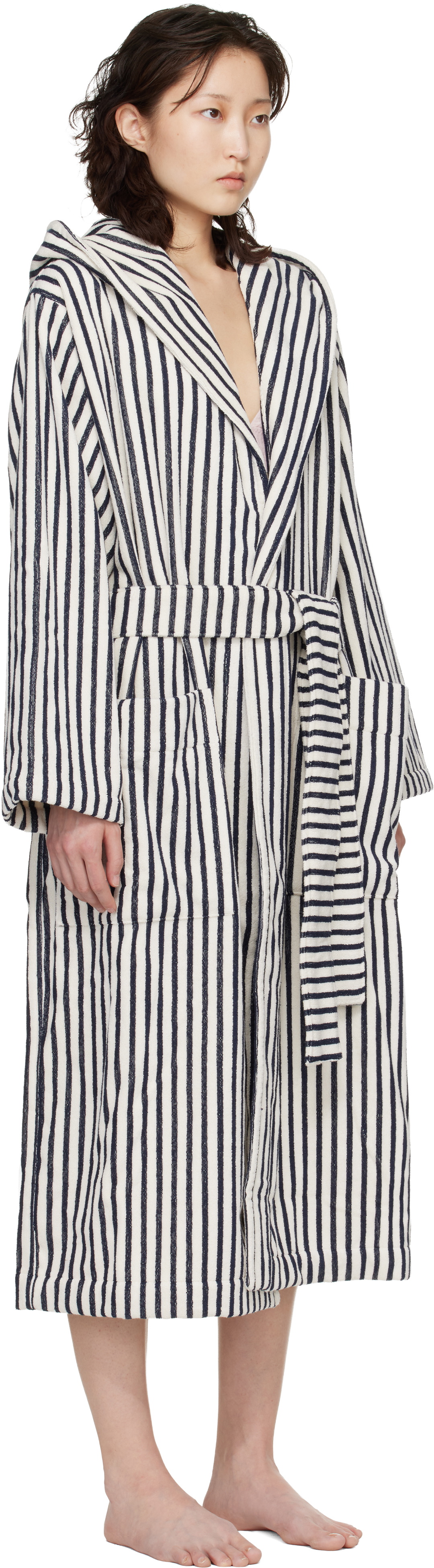 Tekla White & Navy Terry Hooded Bathrobe