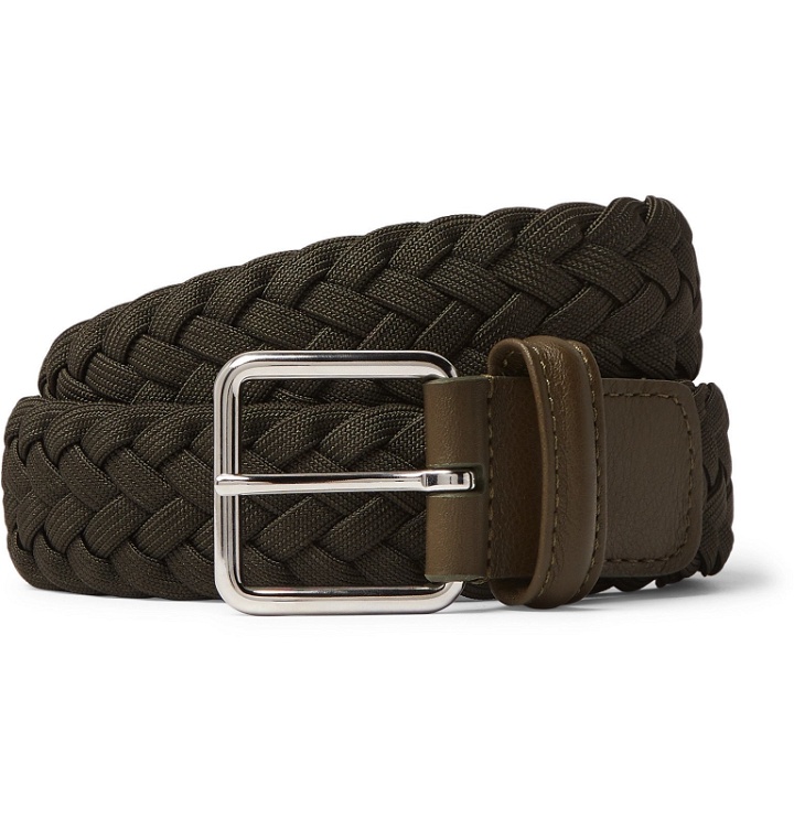 Photo: Anderson's - 3.5 Army-Green Leather-Trimmed Woven Elastic Belt - Green