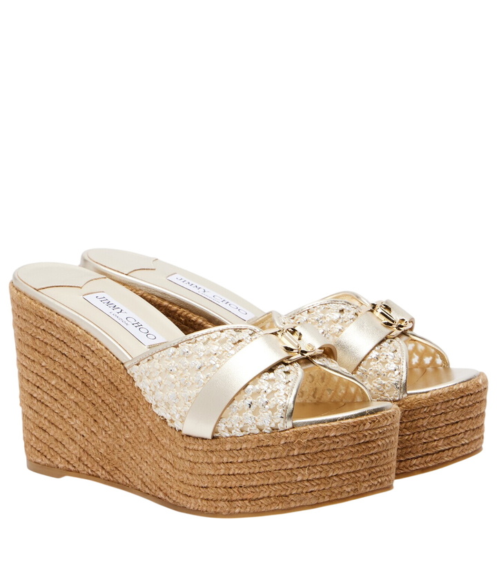 Photo: Jimmy Choo Leda raffia-trimmed leather wedge espadrilles