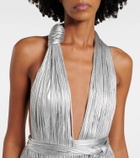 Area Fringed metallic-effect jersey gown