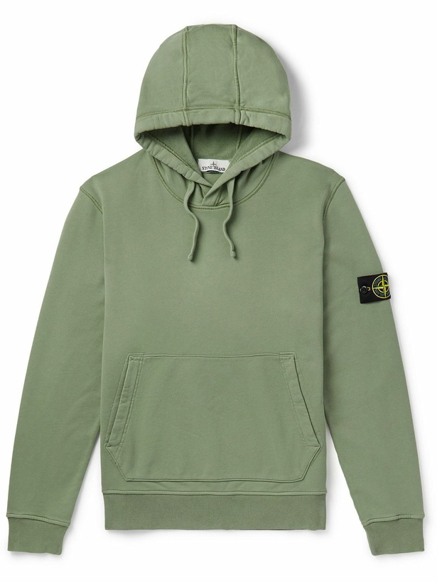 Photo: Stone Island - Garment-Dyed Logo-Appliquéd Cotton-Jersey Hoodie - Green