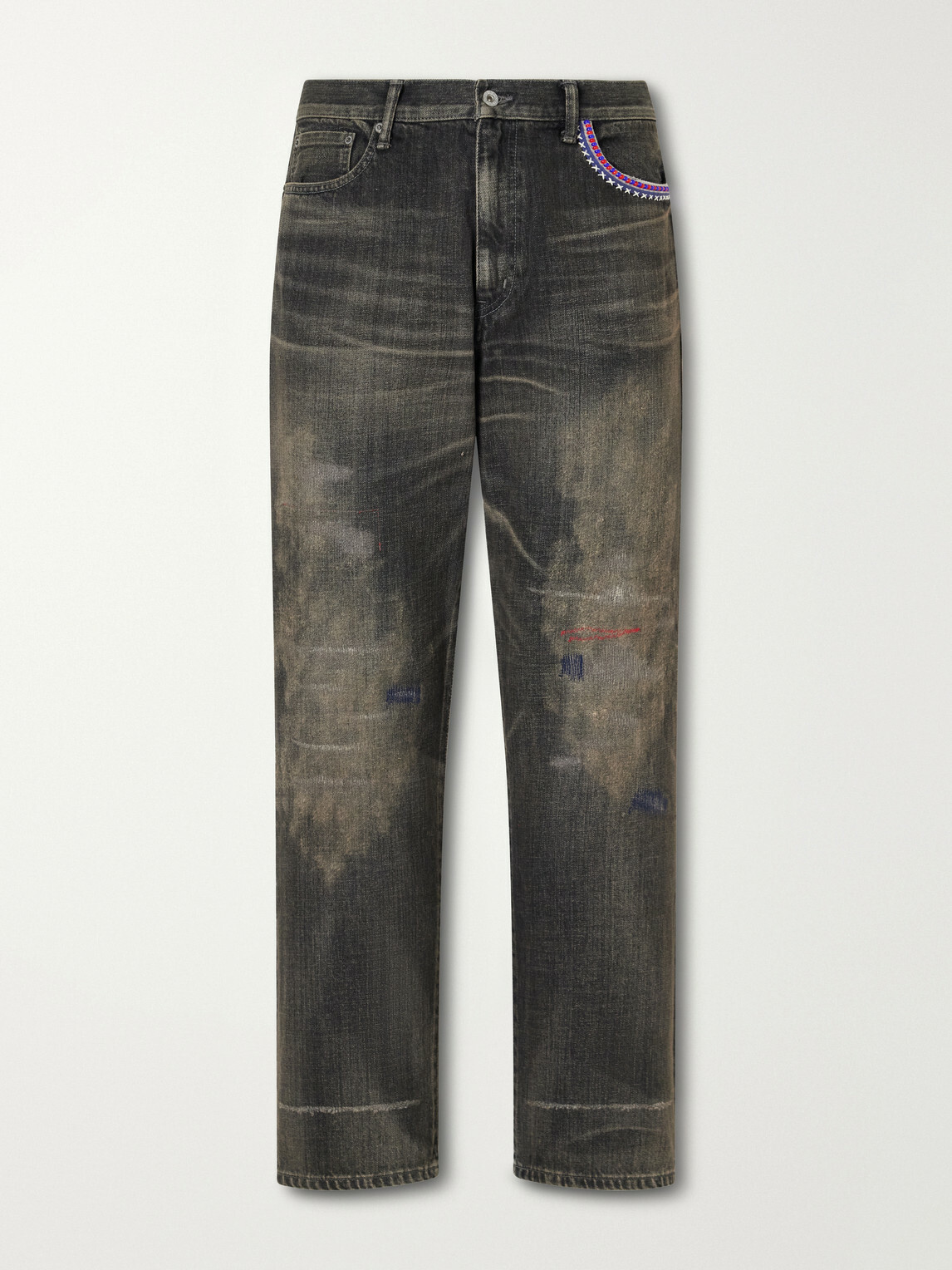 Neighborhood - Savage Straight -Leg Bead-Embellished Distressed Jeans - Gray