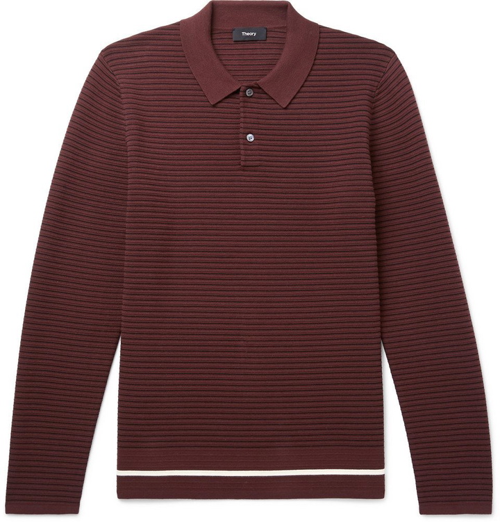 Photo: Theory - Kortes Striped Ribbed Knitted Polo Shirt - Burgundy