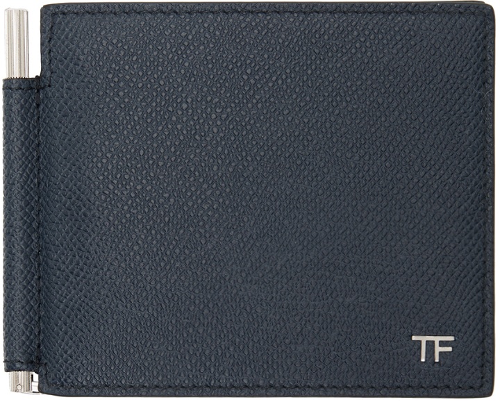 Photo: TOM FORD Navy Small Grain Leather Money Clip Wallet