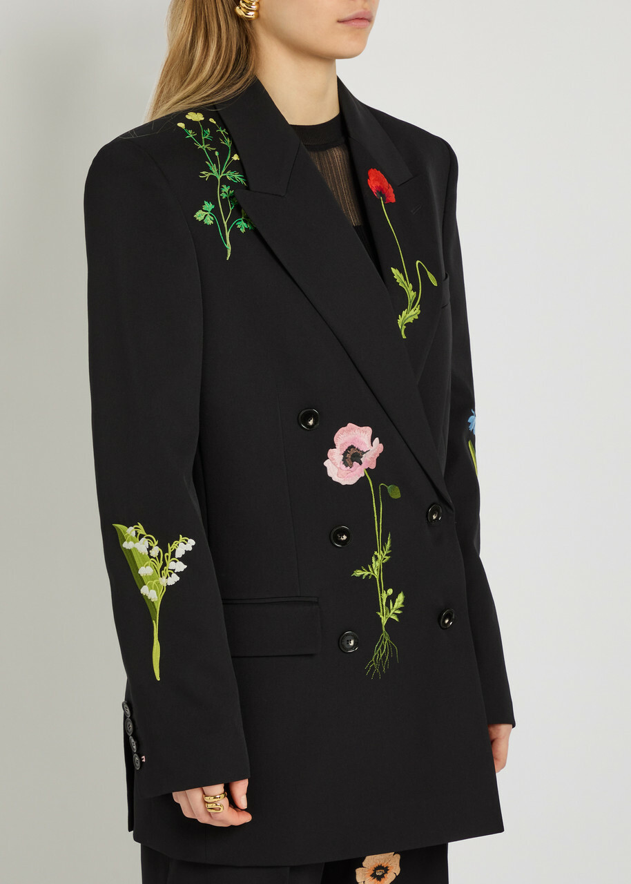 Stella Mccartney Boyfriend Floral-embroidered Wool Blazer Black