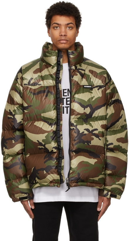 Photo: VETEMENTS Green Down Camo Logo Jacket