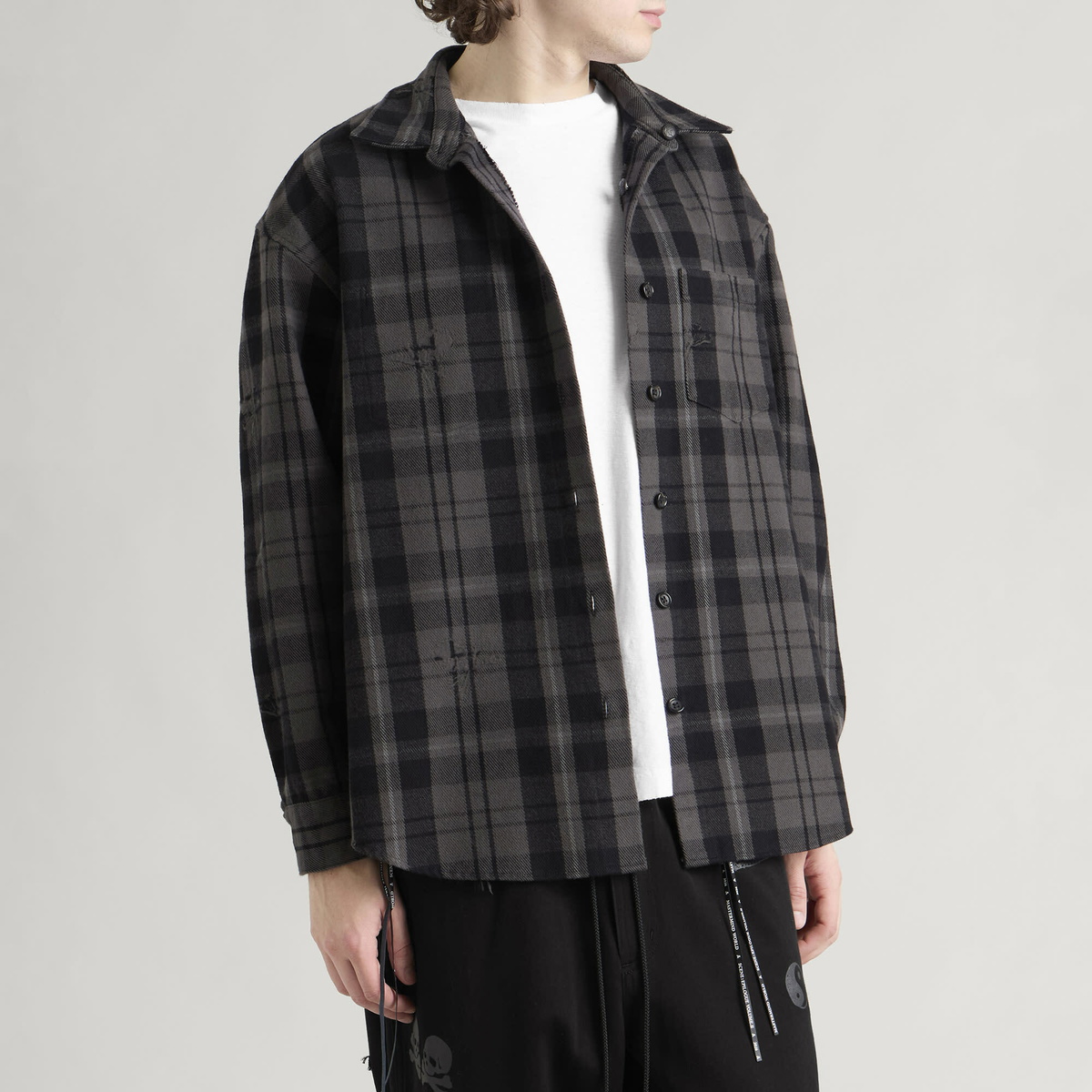 MASTERMIND WORLD Men's Damaged Reversible Plaid Shirt in Black