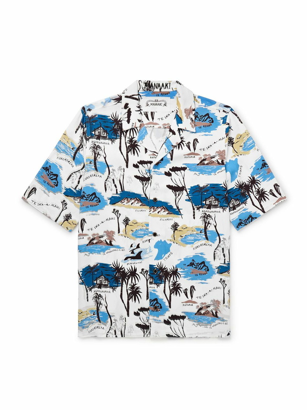 Photo: MANAAKI - Te Ika A Maui Camp Collar Printed Lyocell-Twill Shirt - Blue