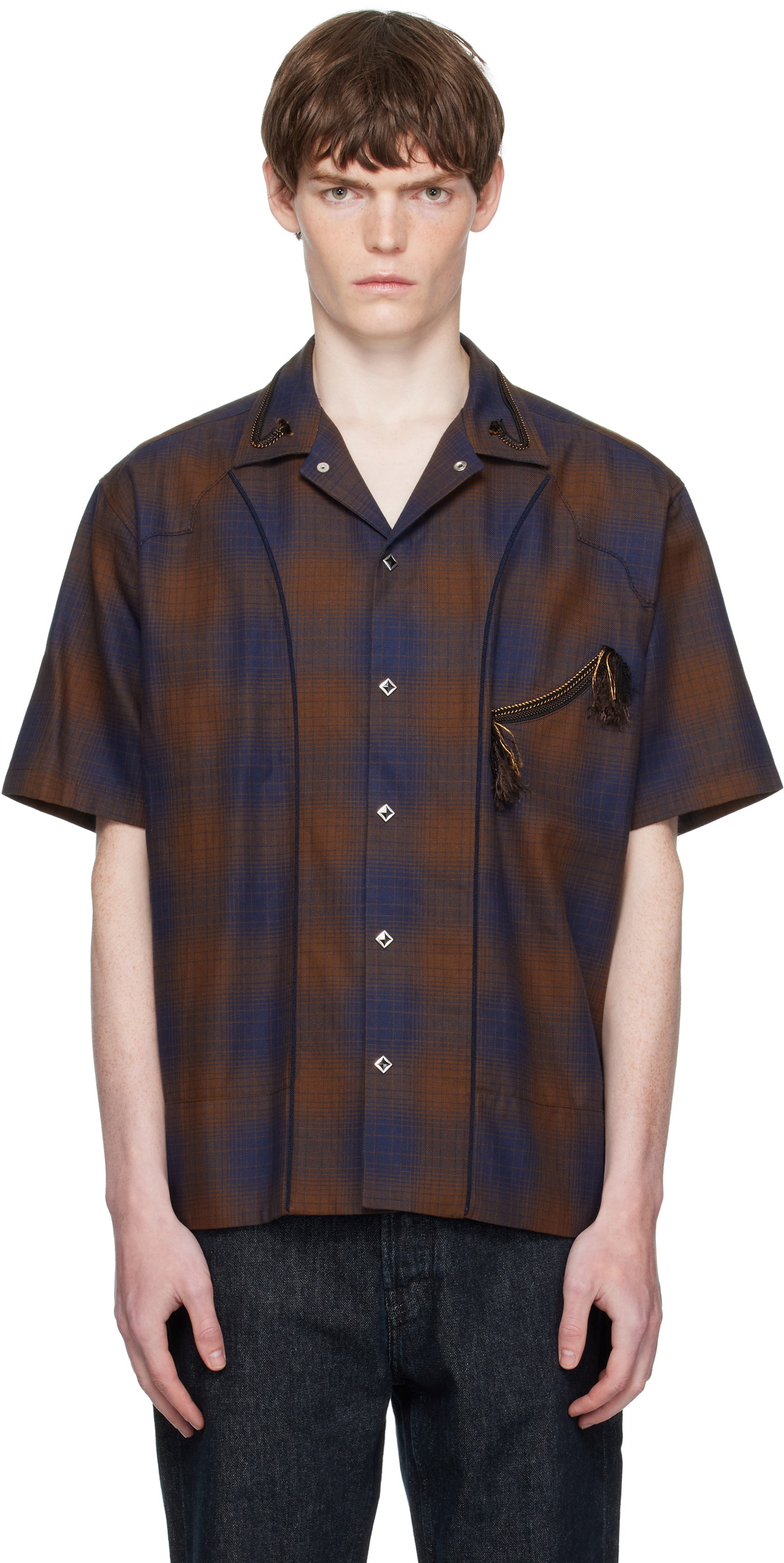 Toga Virilis Brown & Blue Ombre Check Short Sleeve Shirt