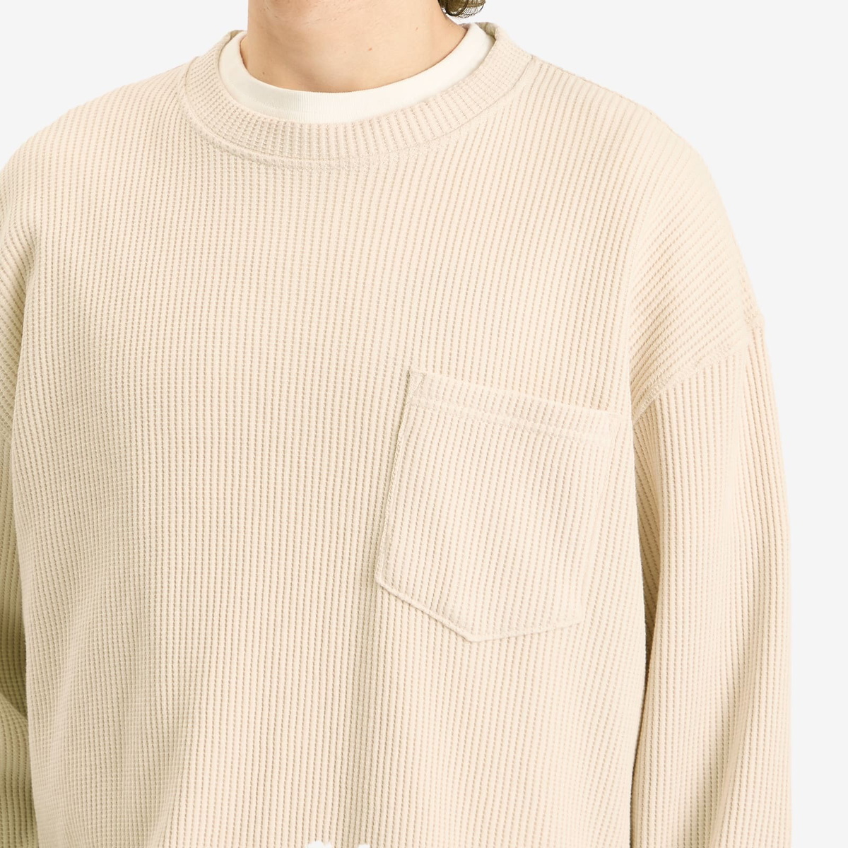 FrizmWORKS Men's Oversized Waffle Pocket Long Sleeve T-Shirt in Cream