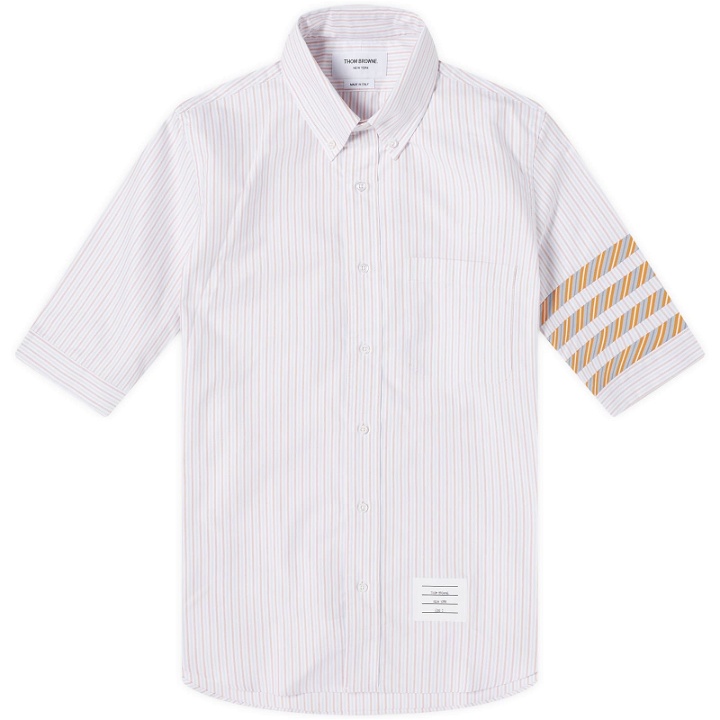 Photo: Thom Browne Men's 4-Bar Tricolour Short Sleeve Button Down Shirt in Orange