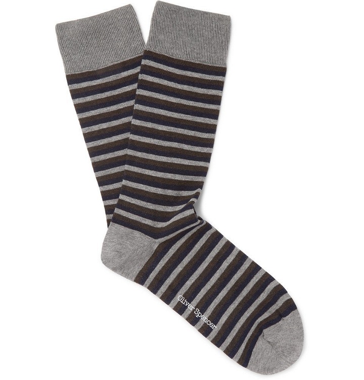 Photo: Oliver Spencer Loungewear - Miller Striped Stretch Cotton-Blend Socks - Gray