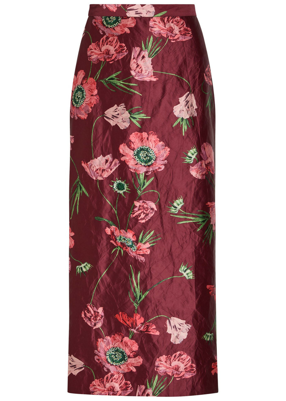 Erdem Floral-print Satin Midi Pencil Skirt Red