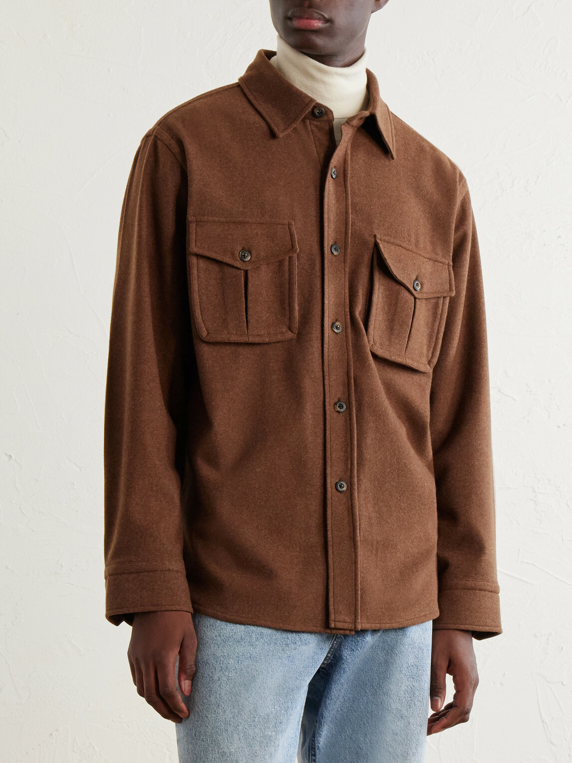 Caruso - Houndstooth Brushed Wool Overshirt - Neutrals