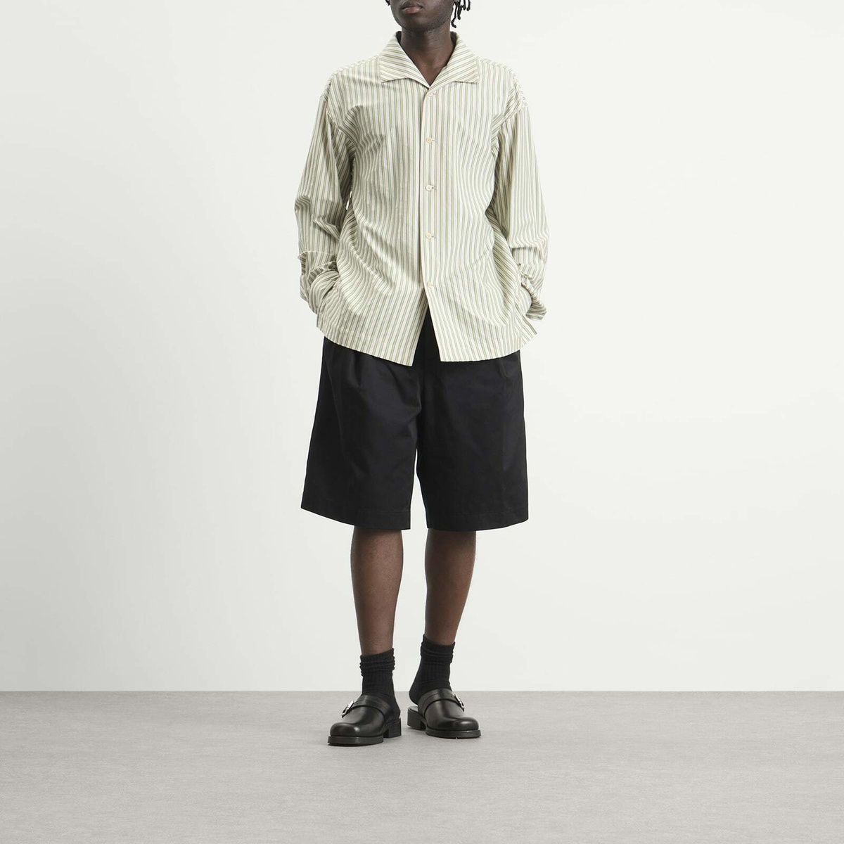 Homme Plissé Issey Miyake Men's Stripe Long Sleeve Shirt in Green