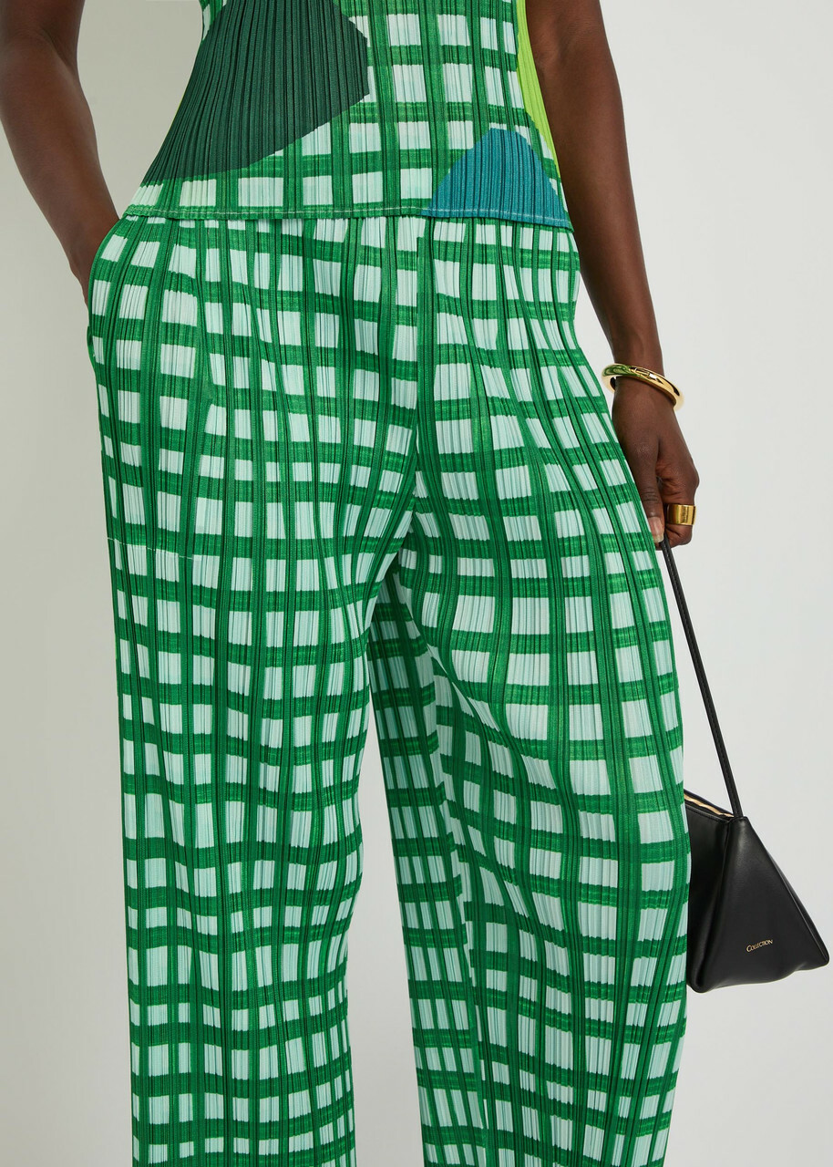 Pleats Please Issey Miyake Gingham Pleated Straight-leg Woven Cropped Trousers Green