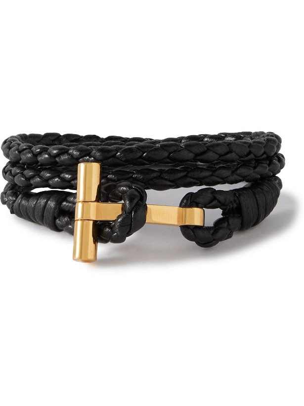 Photo: TOM FORD - Woven Leather and Gold-Plated Wrap Bracelet - Black