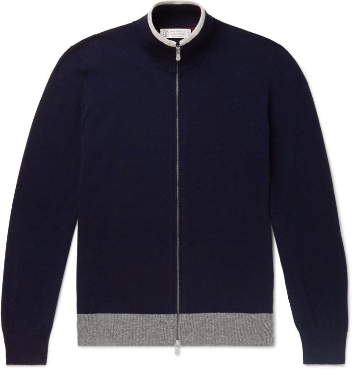 Photo: Brunello Cucinelli - Contrast-Tipped Cashmere Zip-Up Sweater - Blue