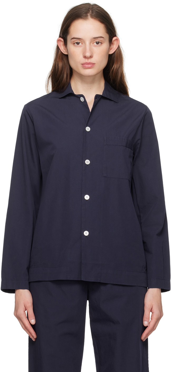 Tekla Navy Long Sleeve Pyjama Shirt Tekla Fabrics