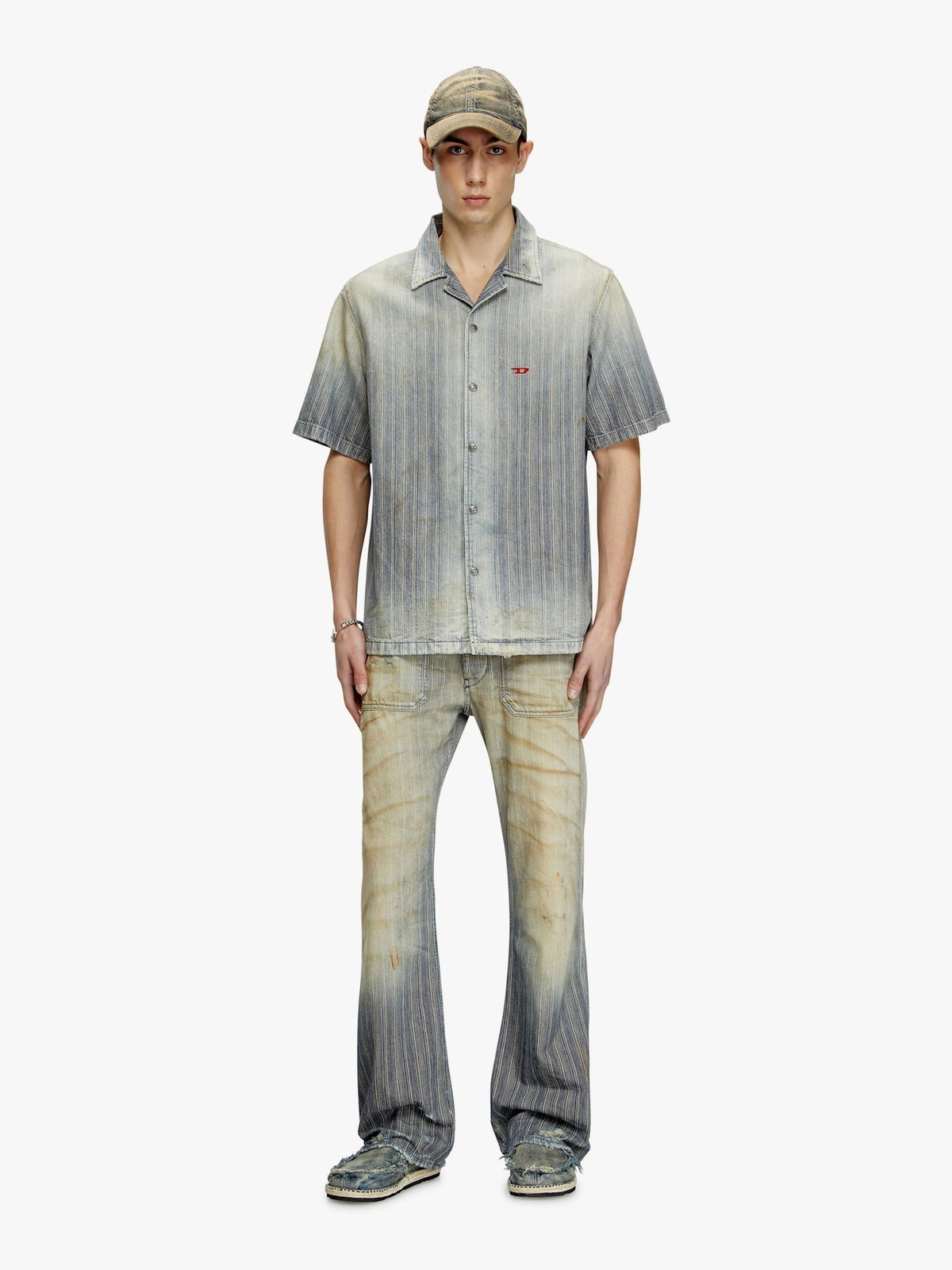 Diesel D-nabil-d Striped Distressed Denim Shirt