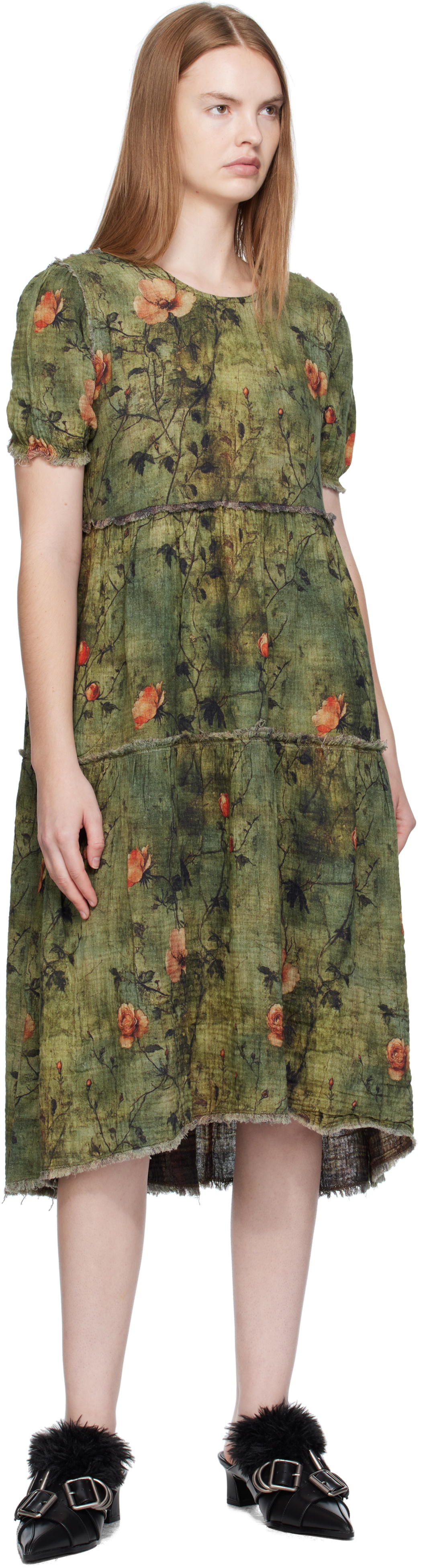 R13 Green Shredded Relaxed Reversible Midi Dress