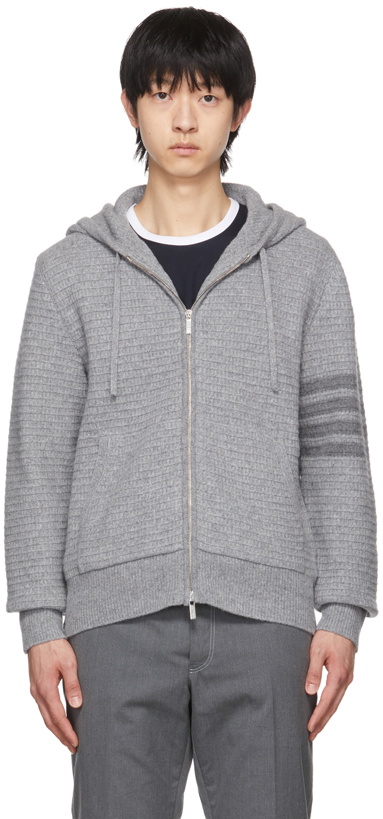 Photo: Thom Browne Grey Overwashed Cashmere 4-Bar Zip-Up Hoodie