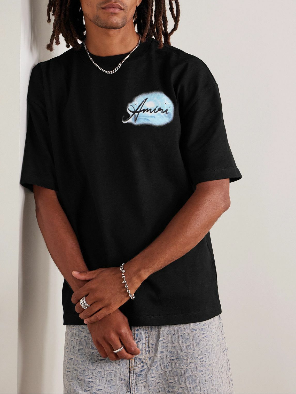 【AMIRI】クリスタル装飾ロゴプリントコットンジャージーTシャツ AMIRI - Crystal-Embellished Logo-Print Cotton-Jersey T-Shirt
