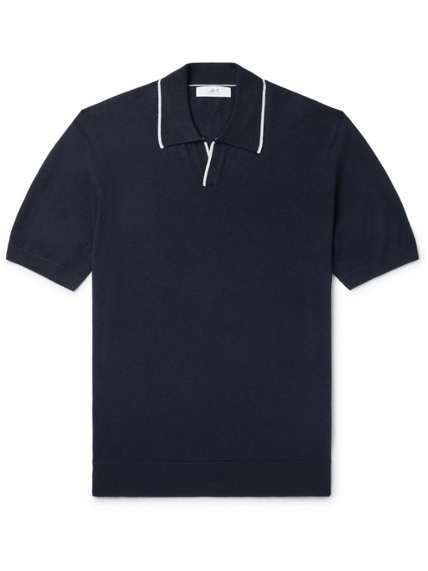 Photo: MR P. - Slim-Fit Contrast-Tipped Knitted Cotton Polo Shirt - Blue - XS