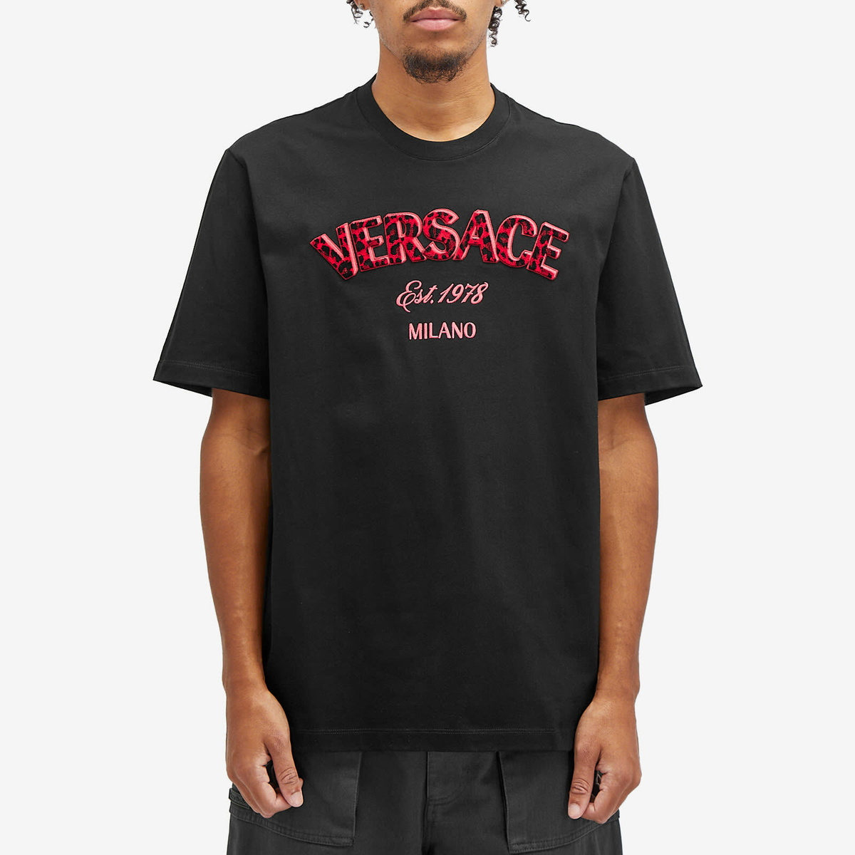 Versace Men's Leopard Logo Embroidered T-Shirt in Black Versace