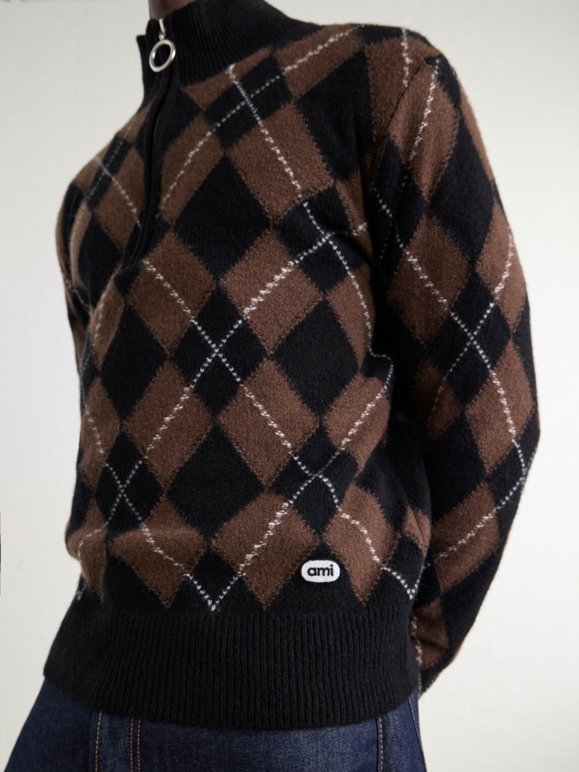 AMI PARIS - Logo-Appliquéd Argyle Virgin Wool Half-Zip Sweater - Brown