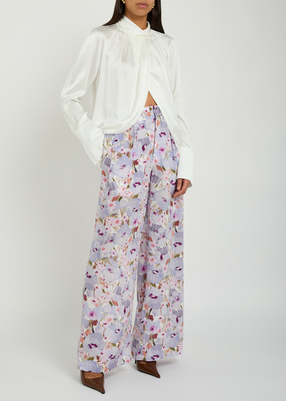Balmain Floral-print Wide-leg Silk Trousers White