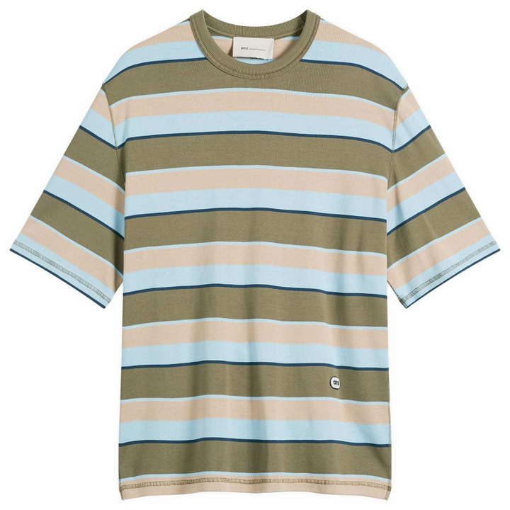 Photo: AMI Paris Men's Short Sleeve Oversized Striped T-Shirt in Bleucach/Kaki/Taupe/Encre