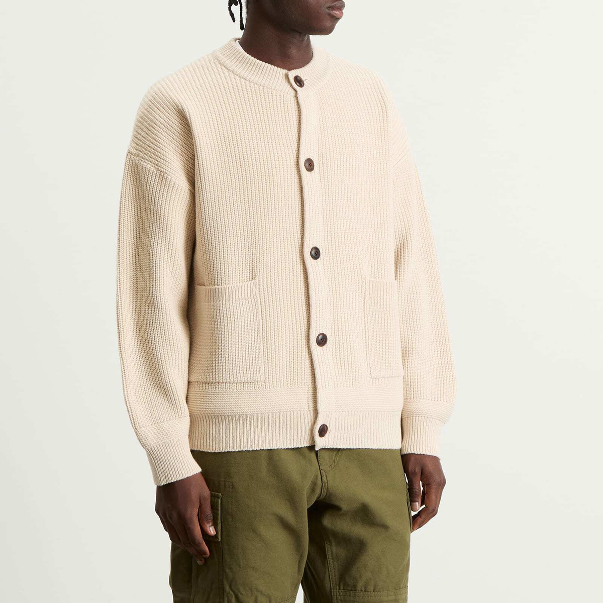 FrizmWORKS Men's Heavy Wool Round Cardigan in Cream