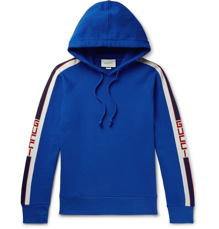 Photo: Gucci - Webbing-Trimmed Loopback Cotton-Jersey Hoodie - Men - Blue