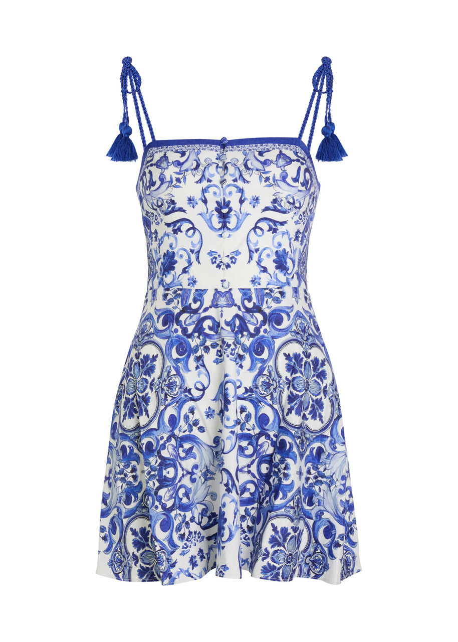 Alice + Olivia Glinda Printed Linen-blend Mini Dress Blue And White