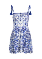 Alice + Olivia Glinda Printed Linen-blend Mini Dress Blue And White