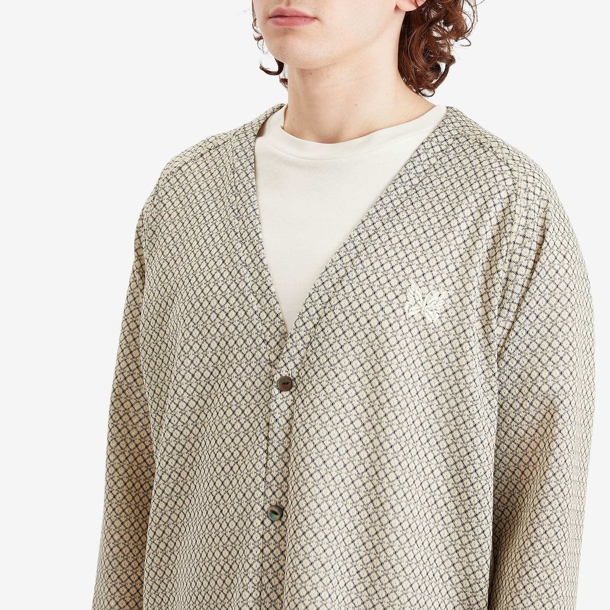 Needles Men's Woven V-Neck Cardigan in Natural/Black Grid