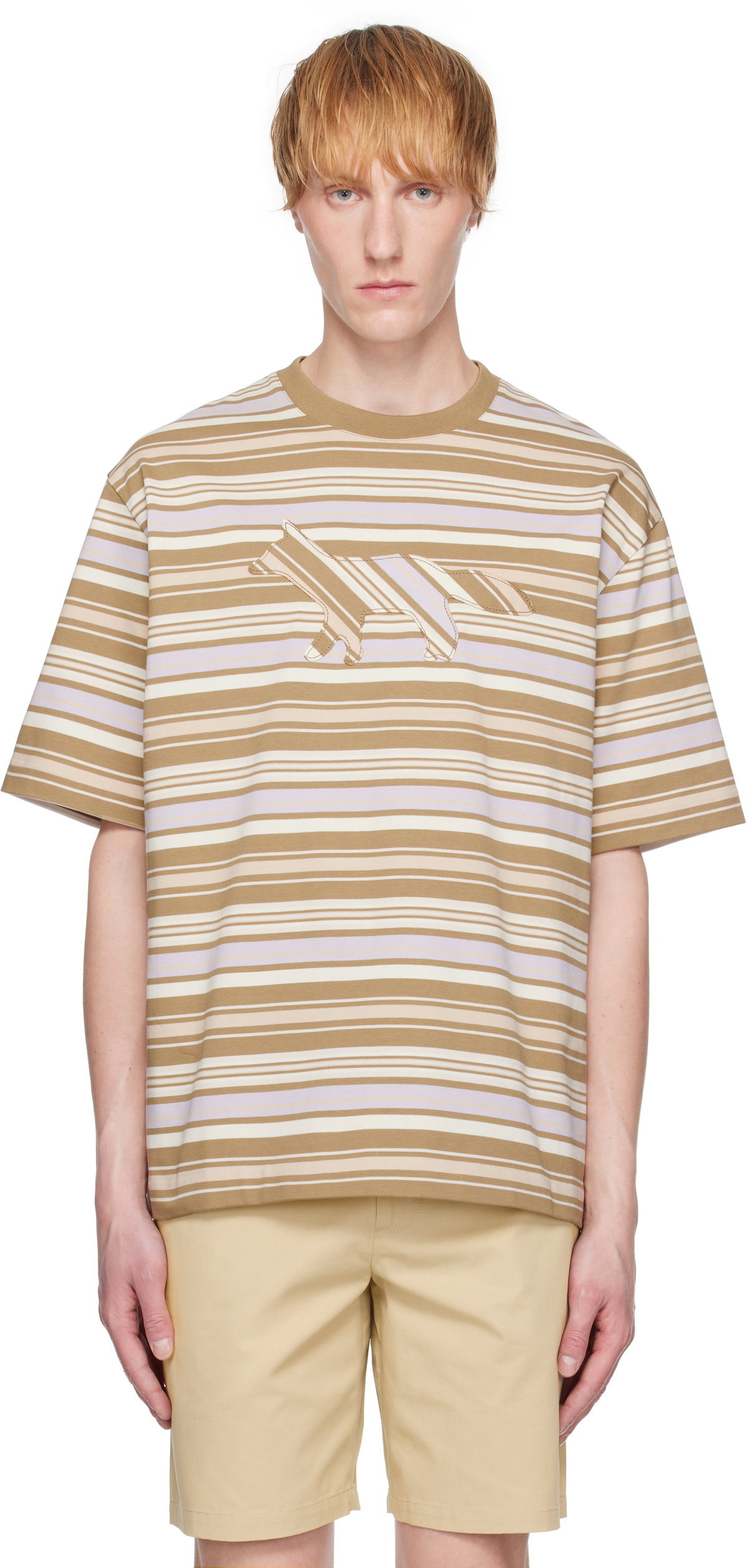 Maison Kitsuné Brown & Purple Crafted Profile Fox Striped T-shirt 