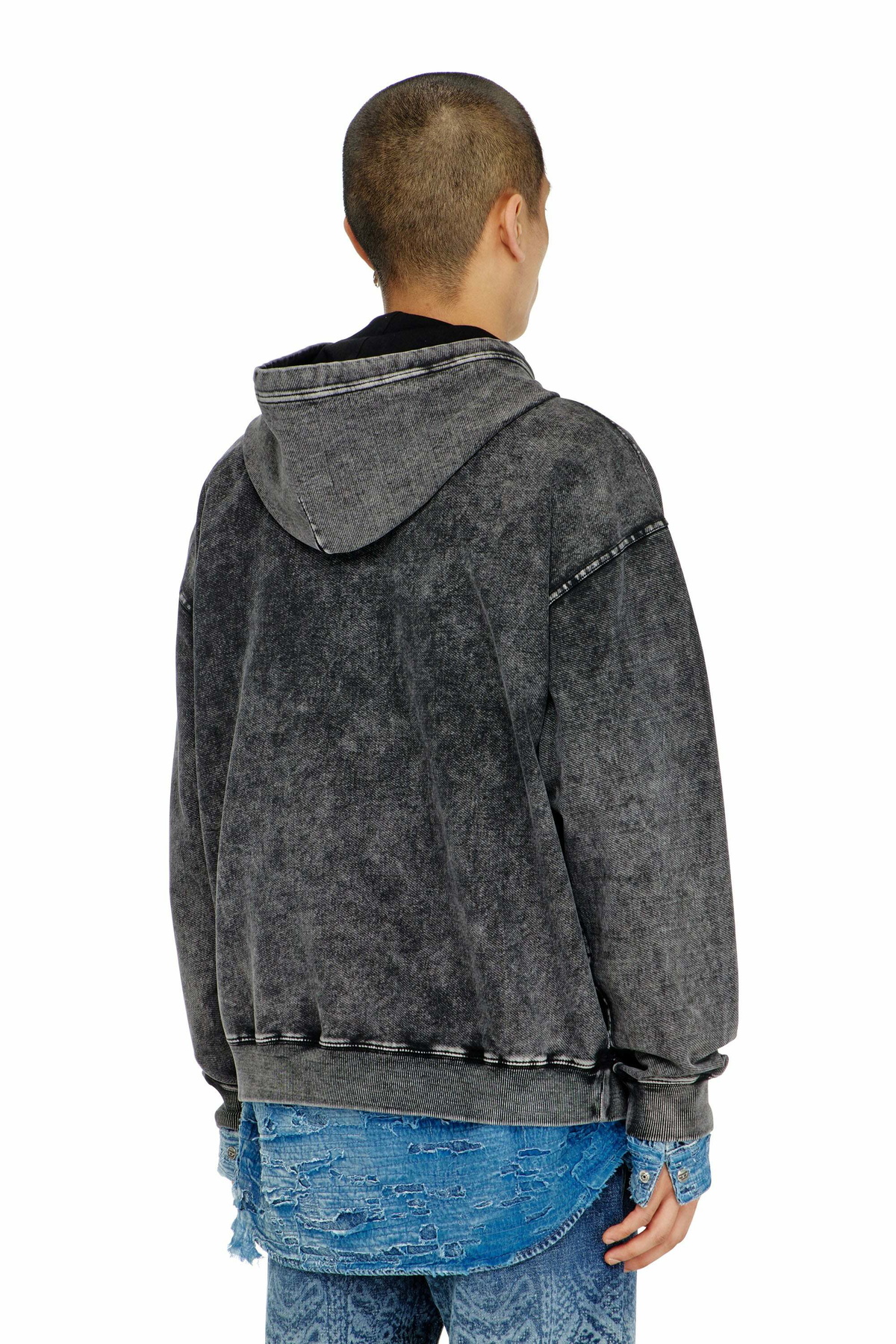 Diesel Treated denim-effect hoodie - Sweaters Mens in Grey