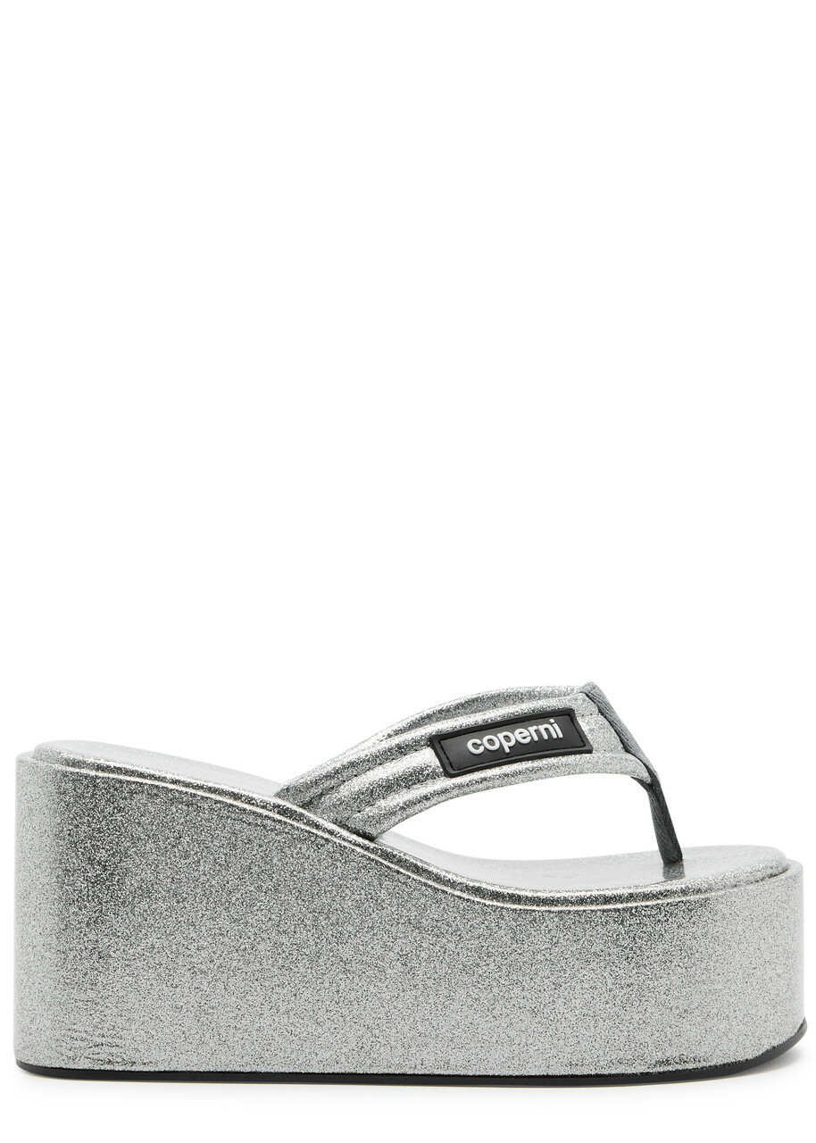Coperni 90 Glittered Platform Wedge Sandals Silver