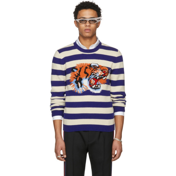 Photo: Gucci Blue and Beige Striped Loved Tiger Sweater