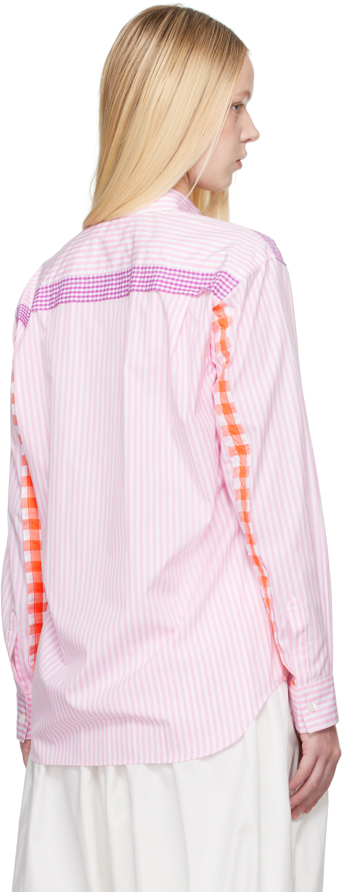 Comme des Garçons Shirt Pink & White Striped Gingham Trim Shirt