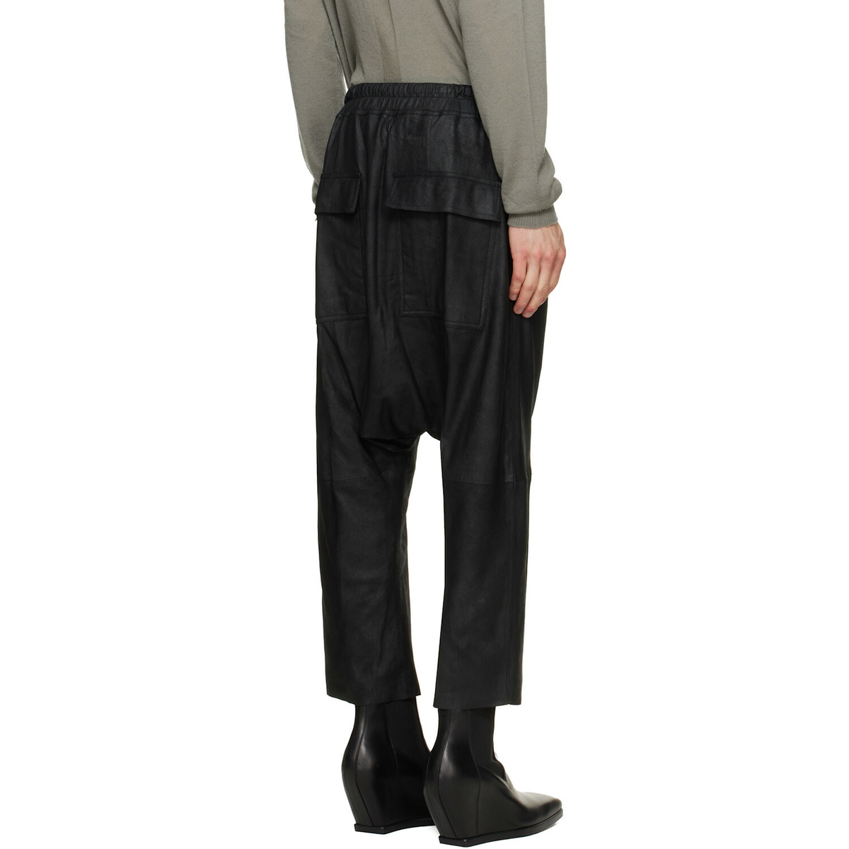 Rick Owens Black Tower Drawstring Cropped Leather Pants