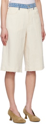 Moschino Jeans Beige & Blue Textured Cotton Hemp Shorts